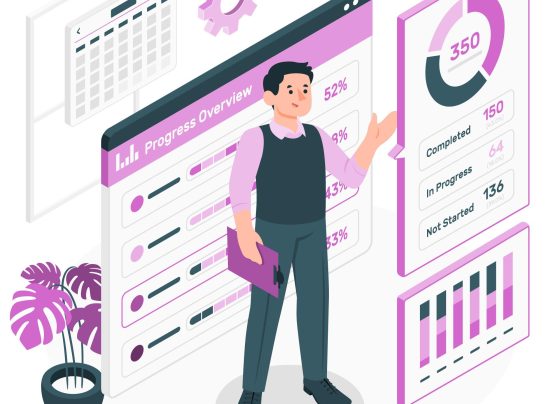 Man showing project progress dashboard.